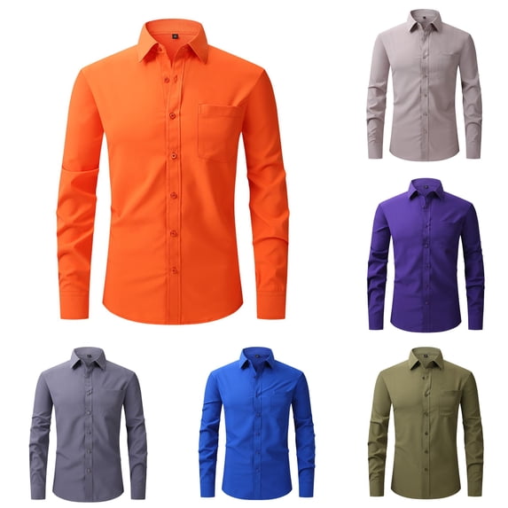 XIAOCHA Men Solid Color Dress Shirt Collared Long Sleeve Button Front Business Casual Top
