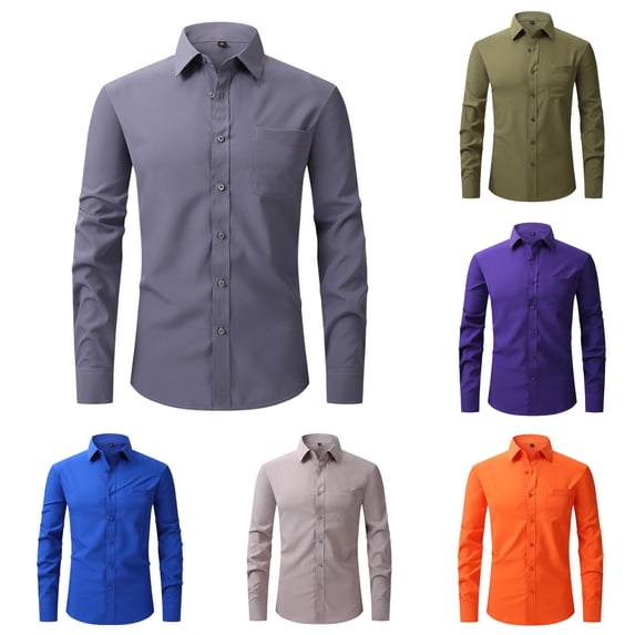 XIAOCHA Men Solid Color Dress Shirt Collared Long Sleeve Button Front Business Casual Top