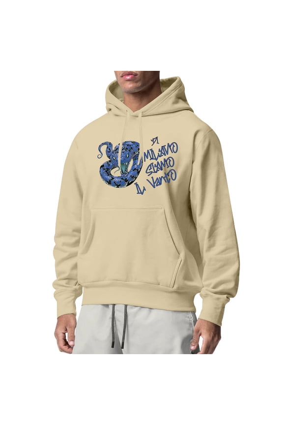 Men Solid Color Graphic Hoodie Regular Fit Blue Snake Italian Slogan Pullover Top Casual Streetwear Hoodies Khaki