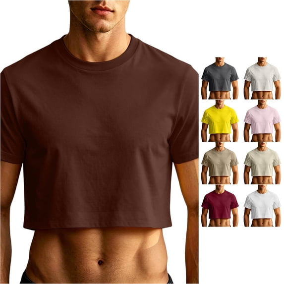 XIAOCHA Men Solid Crop T Shirt Short Sleeve Crew Neck Fashion Casual Tops