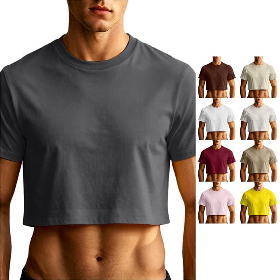 XIAOCHA Men Solid Crop T Shirt Short Sleeve Crew Neck Fashion Casual Tops