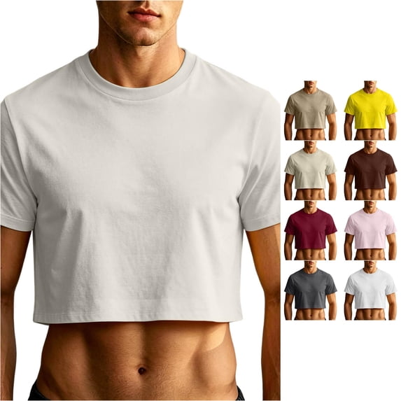 XIAOCHA Men Solid Crop T Shirt Short Sleeve Crew Neck Fashion Casual Tops