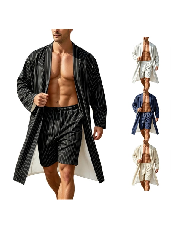 Men Stripe Print Robe Set Open Front Long Sleeve Bath Robe Short Sleep Bottoms