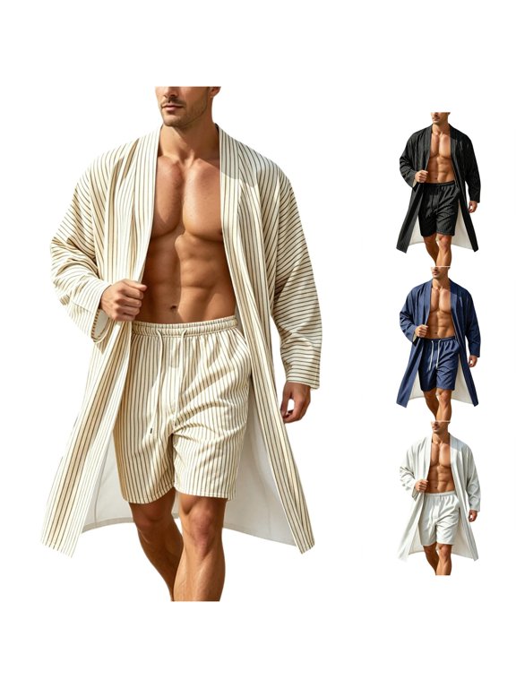 Men Stripe Print Robe Set Open Front Long Sleeve Bathrobe Short Pant Sleepwear