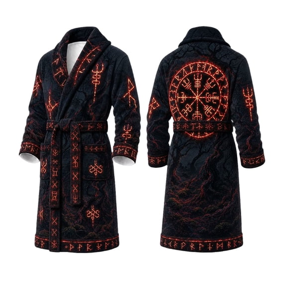 XIAOCHA Men Viking Vegvisir Print Robe Shawl Collar Wrap Bathrobe Belt Pocket Nightwear