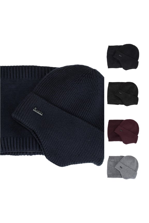 Men's 2‑In‑1 Knit Beanie Solid Hats Outdoor Fall‑Winter Snood Set,Navy