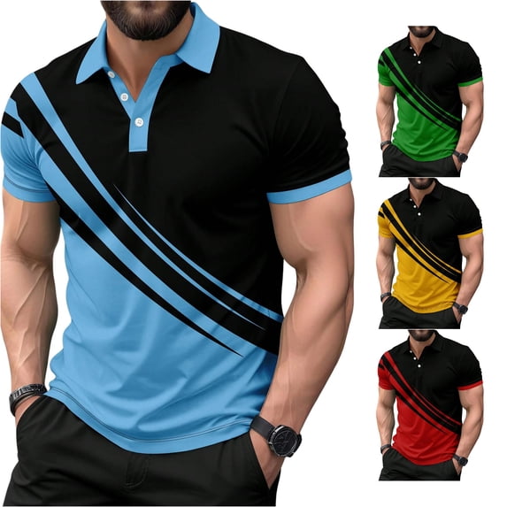 XIAOCHA Men's Athletic Polo Shirt Color‑Block Short‑Sleeve Collared Polos, Light Blue, Sizes XXXXXL