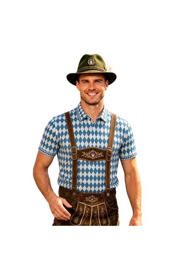 Men's Bavarian Argyle Print Polo Shirt Short Sleeve Fitted Shirts Bavarian Holiday Tops
