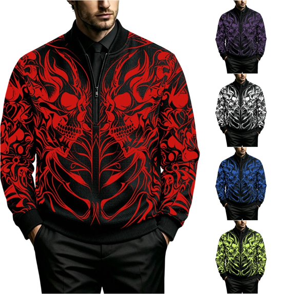 XIAOCHA Men's Blue Skull Tribal Print Sweatshirt Relaxed Fit Fall Daily Half Zip Sweatshirts