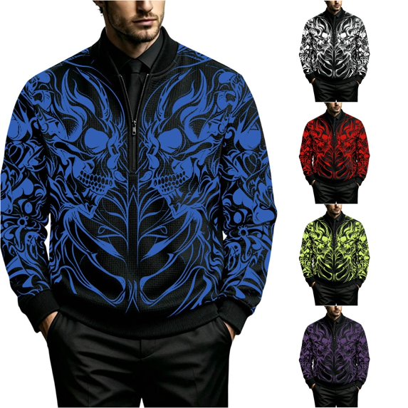 XIAOCHA Men's Blue Skull Tribal Print Sweatshirt Relaxed Fit Fall Daily Half Zip Sweatshirts