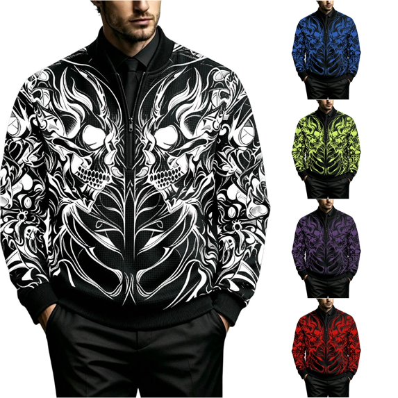 XIAOCHA Men's Blue Skull Tribal Print Sweatshirt Relaxed Fit Fall Daily Half Zip Sweatshirts