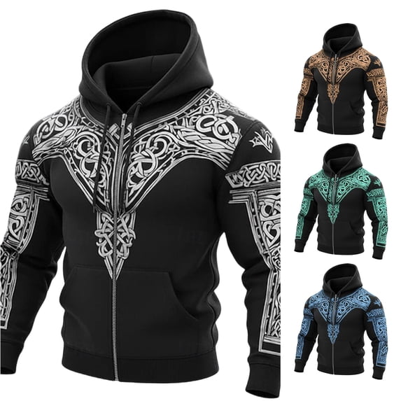 XIAOCHA Men's Bold Tribal Print Zip Hoodie Stretchy Relax Fit Winter Daily Wear Hooded Pullover