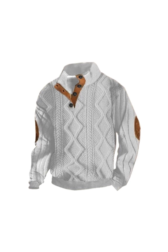 Men's Button Neck Cable Knit Sweater Contrast Elbow Patch Textured Pullover Warm Casual Weekend Outdoor Knitwear