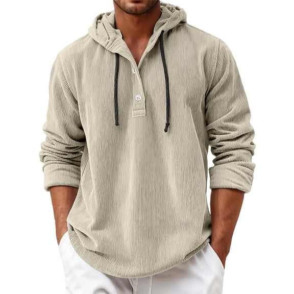XIAOCHA Men's Button Placket Hoodies Corduroy Fleece Loose Hooded Sweatshirt Vintage Drawstrings Fall Hoodie