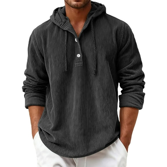 XIAOCHA Men's Button Placket Hoodies Corduroy Loose Hooded Sweatshirt Vintage Drawstrings Fall Hoodie