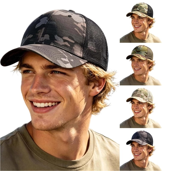 XIAOCHA Men's Camo Printed Trucker Hat Adjustable Baseball Hats for Outdoor Hunting Activities Dad Hat,Black