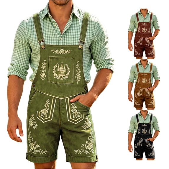 XIAOCHA Men's Castle Floral Embroidery Lederhosen Wide Strap Oktoberfest Bib Shorts Halloween Pants,Army Green,Sizes L