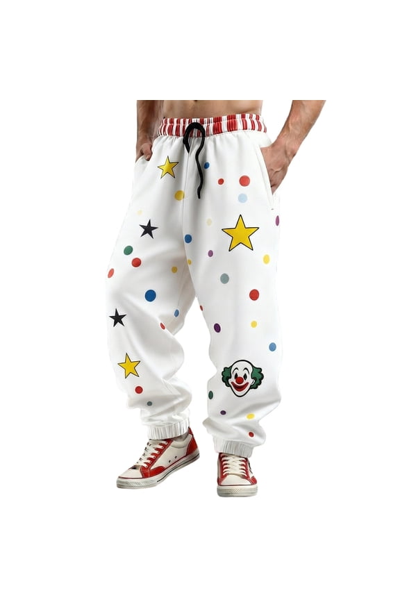 Men's Clown Print Festival Joggers Baggy Fit Drawstring Waist Trousers Playful Vibrant Carnival Wear Bottoms