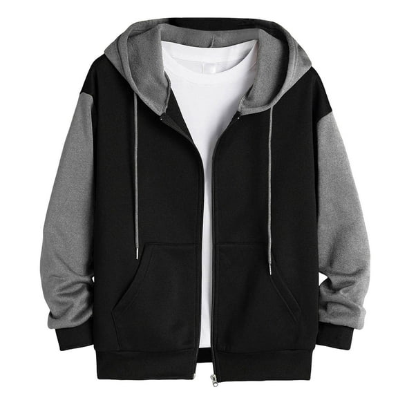 XIAONU Men's Color-Block Fleece Hoodie Thickened Drawstring Hooded Jack Soft Winter Outdoor Coat With Pocket Grey L