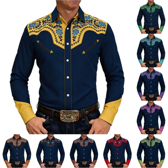 XIAOCHA Men's Contrast Floral Western Button-Down Shirt Long Sleeve Tailored Tops Bavarian Pub Shirts