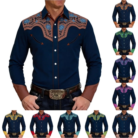 XIAOCHA Men's Contrast Floral Western Button-Down Shirt Long Sleeve Tailored Tops Bavarian Pub Shirts