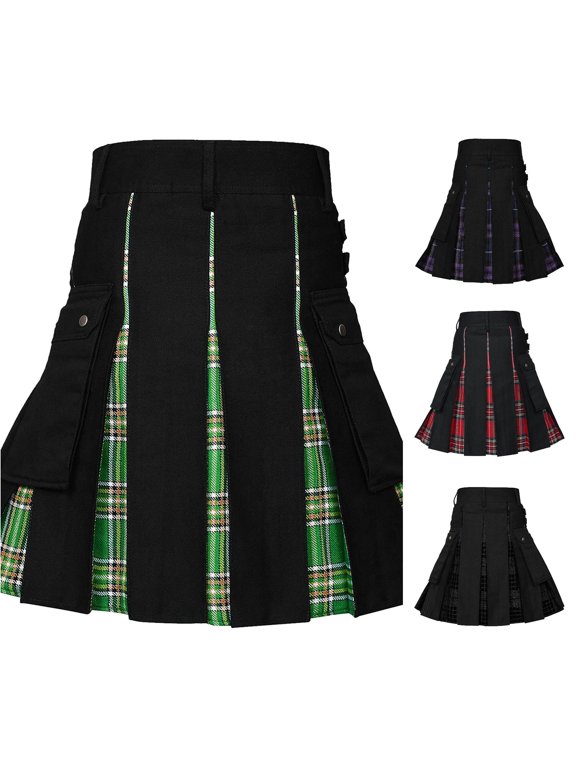 Men's Contrast Plaid Insert Kilt Cargo Side Pockets Snap Closure Pleated Skort