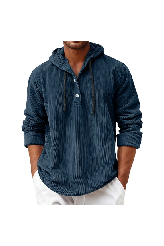 Men's Corduroy Henley Hoodies Relaxed Fit Curved Hem Pullover Casual Everyday Top