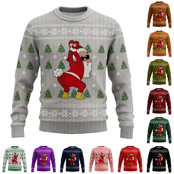XIAOCHA Men's Crew Neck Sweatshirt Funny Santa Graphic Print Holiday Winter Pullover Top, Grey, Sizes L
