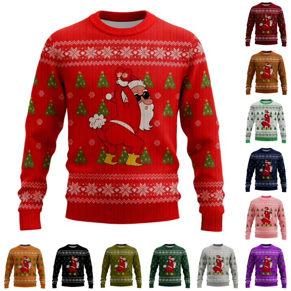 XIAOCHA Men's Crew Neck Sweatshirt Funny Santa Graphic Print Holiday Winter Pullover Top, Red, Sizes XXXXXL