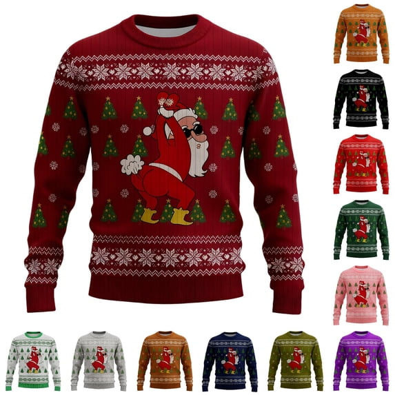 XIAOCHA Men's Crew Neck Sweatshirt Funny Santa Graphic Print Holiday Winter Pullover Top, Wine, Sizes XXL