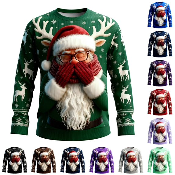 XIAOCHA Men's Crew Neck Sweatshirt Long Sleeve Santa Graphic Print Holiday Pullover Top, Green, Sizes XXXL