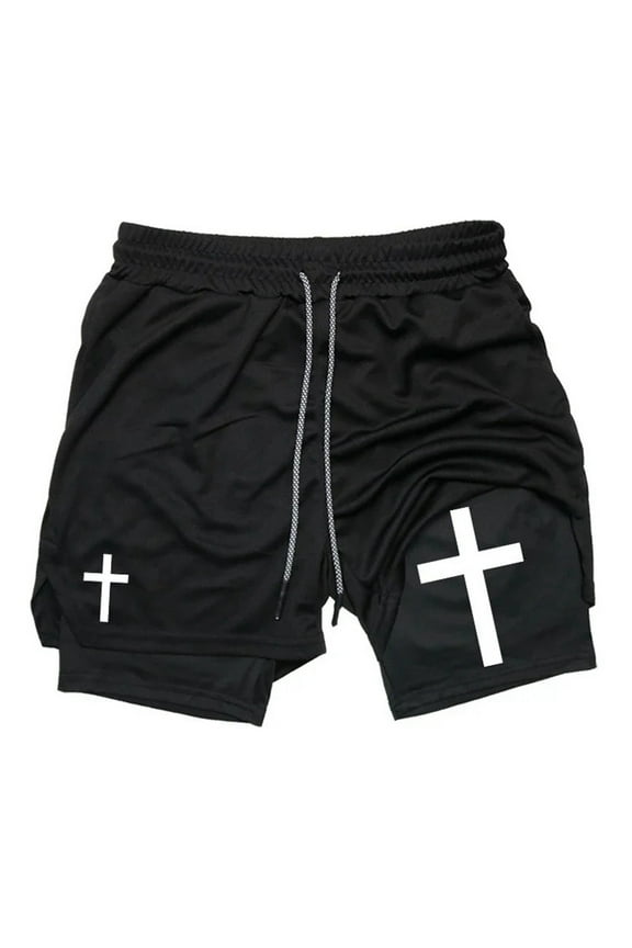 Men's Cross Print 2 In 1 Shorts Relaxed Fit Above Knee Drawstring Athletic Shorts Breathable Minimalist Gym Shorts