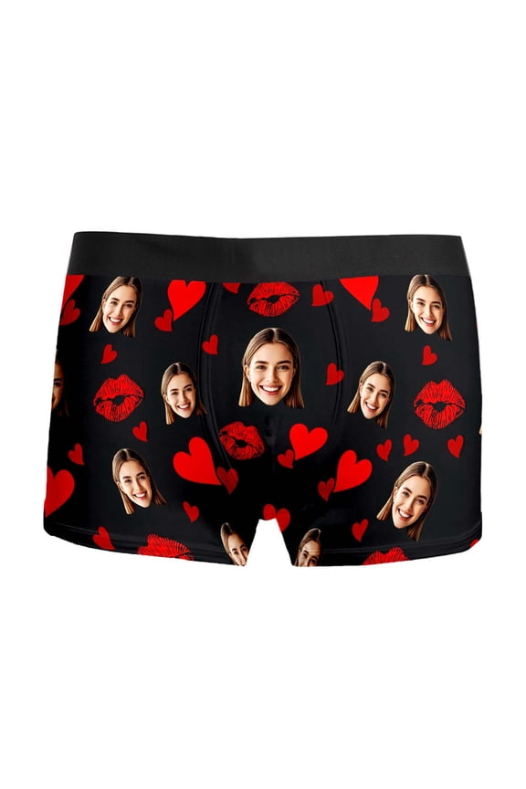 Men's Custom Face Lip Heart Print Boxer Briefs Slim Fit Short Elastic Waist Underwear Smooth Romantic Date Boxers