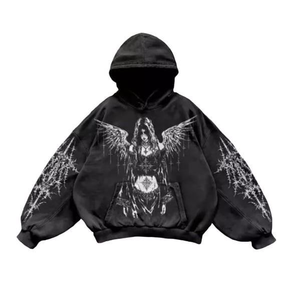 XIAOCHA Men's Dark Angel Graphic Hoodie Oversized Long Sleeve Hooded Pullover Sweatshirt Cozy Edgy Street Hoodies