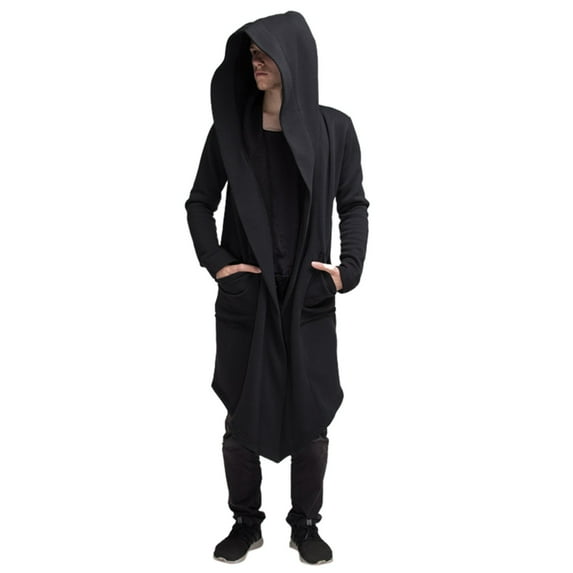 XIAOCHA Men's Dark Style Solid Color Long Hooded Cardigan Cloak Coat Sweater
