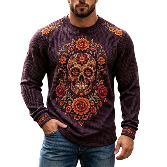 XIAOCHA Men's Day Of The Dead Long Sleeve Crew Neck T‑Shirt Ornate Floral Sugar Skull Print Knit Tees