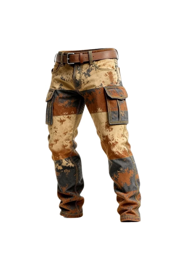 Men's Distressed Patchwork Multi Pocket Cargo Jeans Slim Fit Full Length Belted Waist Tactical Jeans Durable Vintage Outdoor Trousers