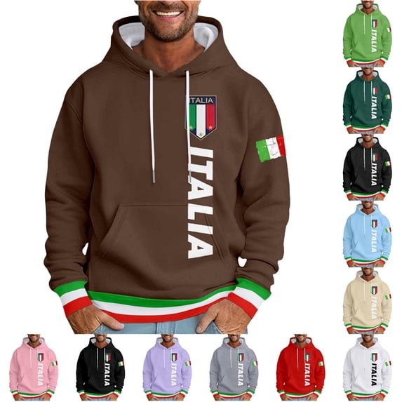 XIAOCHA Men's Drawstring Hoodie Italia Flag Graphic Long Sleeve Pullover Top, Coffee, Sizes L