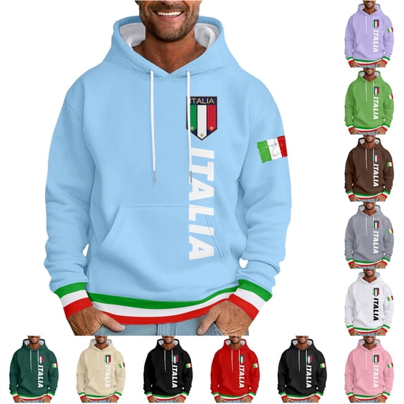 XIAOCHA Men's Drawstring Hoodie Italia Flag Graphic Long Sleeve Pullover Top, Light Blue, Sizes XXXXXXL