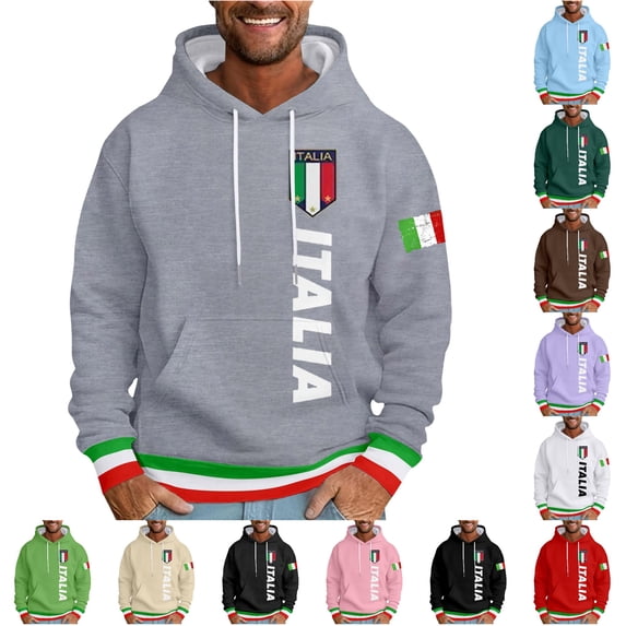 XIAOCHA Men's Drawstring Hoodie Italia Flag Graphic Long Sleeve Pullover Top, Light Gray, Sizes XXXL