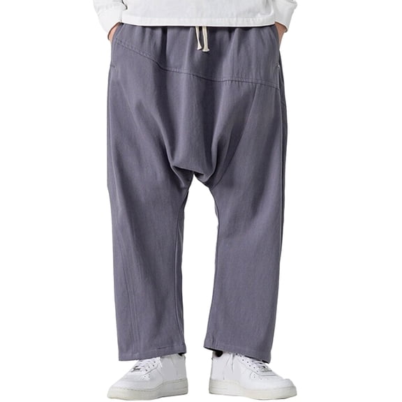 XIAOCHA Men's Drop Crotch Pants Loose Drawstring Straight Pants Retro Casual Daily Wear Pants With PocketGreyXXL