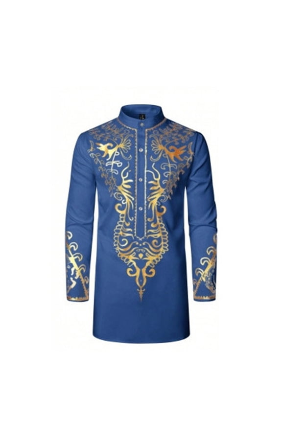 Men's Embroidered Kurta Mandarin Collar Long Sleeve Gold Patterned Ethnic Tunic Formal Traditional Party Wear Shirt