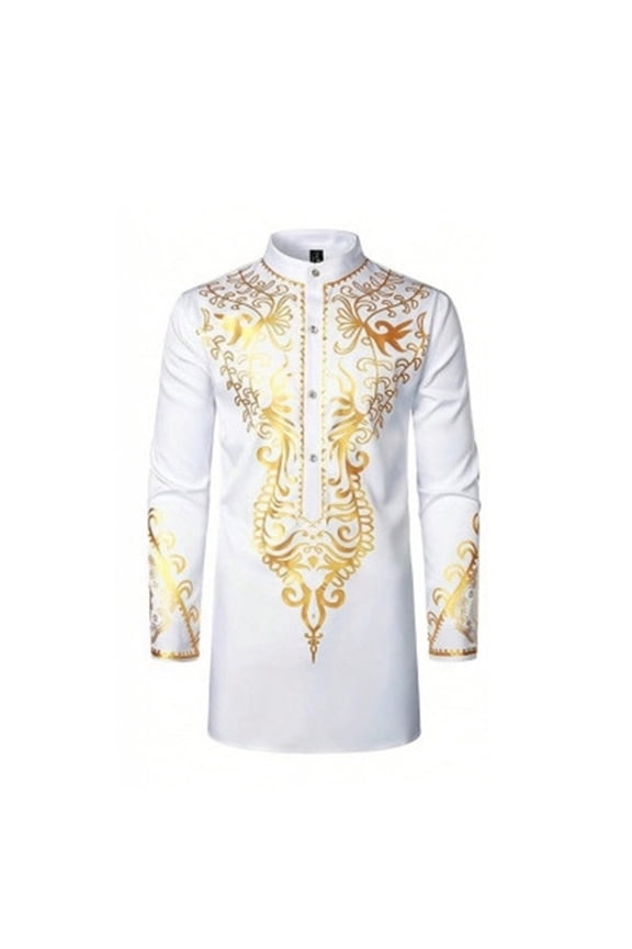 Men's Embroidered Kurta Mandarin Collar Long Sleeve Gold Patterned Ethnic Tunic Formal Traditional Party Wear Shirt