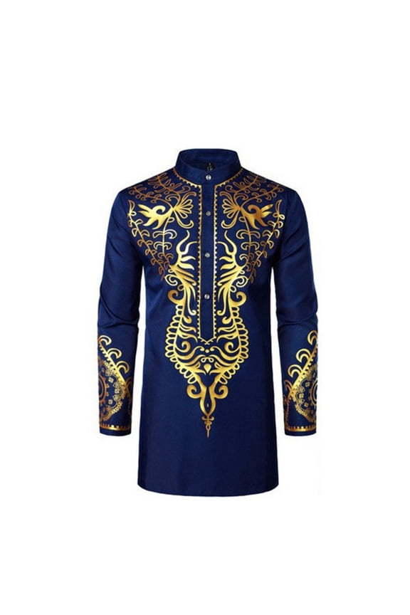 Men's Embroidered Kurta Mandarin Collar Long Sleeve Gold Patterned Ethnic Tunic Formal Traditional Party Wear Shirt