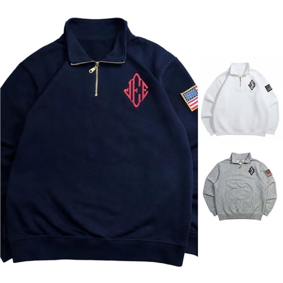 XIAOCHA Men's Embroidered Quarter Zip Sweatshirt Long Sleeve Crewneck Pullover Classic Sweat Top, Blue, Sizes L