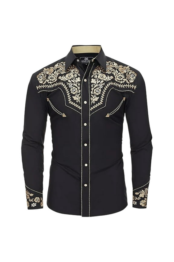 Men's Embroidered Western Shirt Button Down Collar Long Sleeve Blouse Sleek Vintage Casual Top