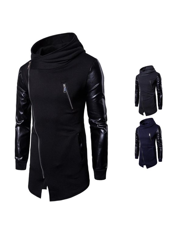 Men's Faux Leather Panel Longline Zip Up Hooded Jacket Asymmetric Zipper Slim Fit Winter Daily Wear Hooded Coat