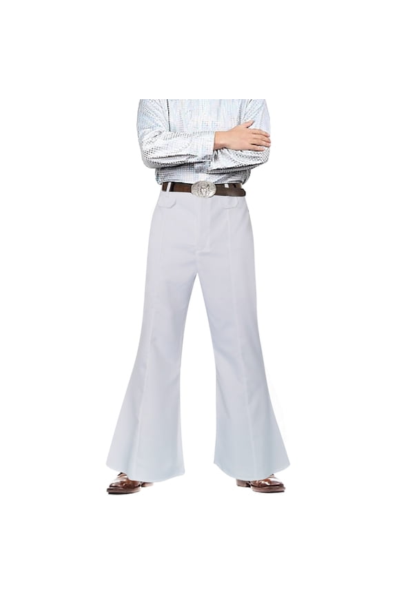 Men's Flared Pants Loose Fit Belted Wide Leg Pants Stretchy Retro Stage Performance TrousersWhiteS