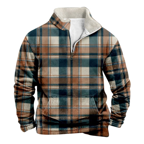 XIAONU Men's Fleece Plaid Sweatshirts Quarter Zip Pullover Sweatshirt Fall Winter Warm Cozy Top With Pocket Brown S