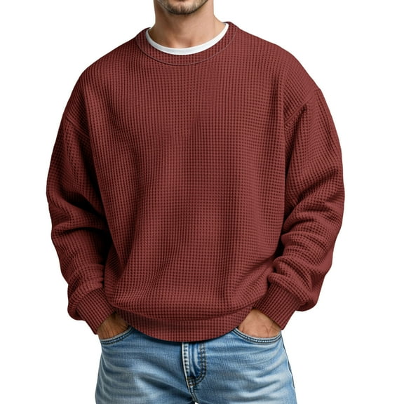XIAOCHA Men's Sweatshirt Waffle-Knit Oversized Crew Neck Top Fall Winter Warm Daily Wear Sweatshirts
